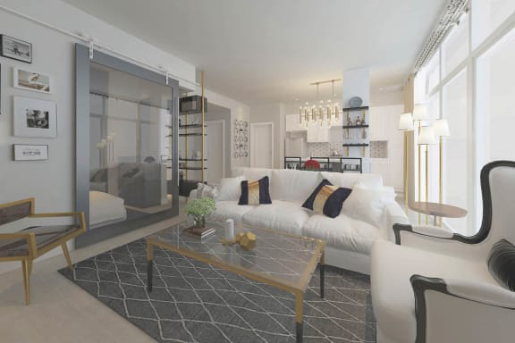 a rendering of a living room with a white couch and a table