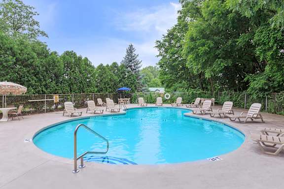 A large outdoor swimming pool surrounded by trees and lounge chairs.