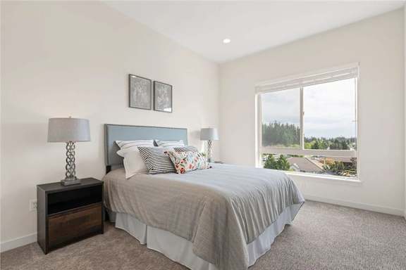 A bedroom with a large bed and a window overlooking a residential area.