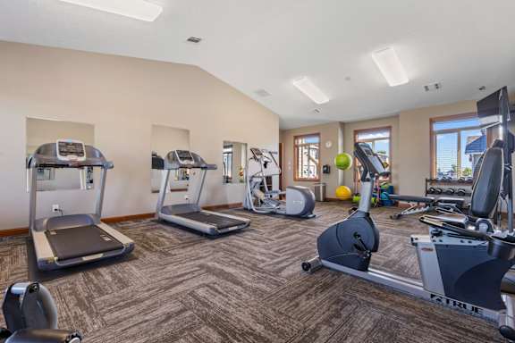 A gym with treadmills, elliptical machines, and weights.