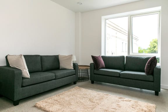 a living room with two green couches and a rug