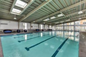 Olympic Size Indoor Swimming Pool with Round  Black/Blue Chairs and Saftey Railing