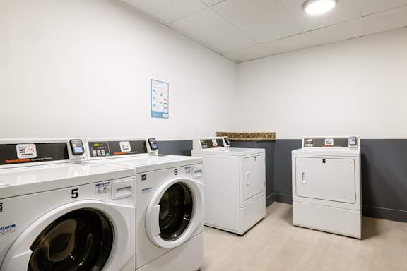 A row of white front load washing machines are lined up in a laundry room.