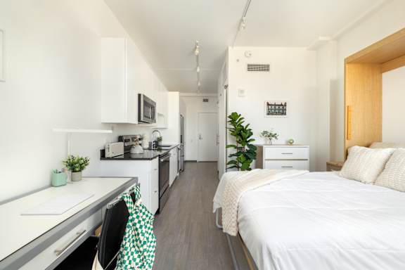A white bedroom with a bed, a kitchen area, and a plant.
