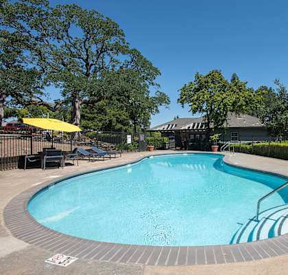 A round swimming pool surrounded by trees and chairs at Rocklin Gold Apartments, California, 95677