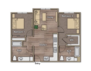2 bedroom 2 bathroom floor plan. 803 to 823 square feet