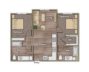 2 bedroom 2 bathroom floor plan. 803 to 823 square feet