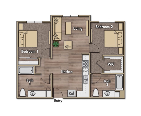 Floor Plan  2 bedroom 2 bathroom floor plan. 803 to 823 square feet