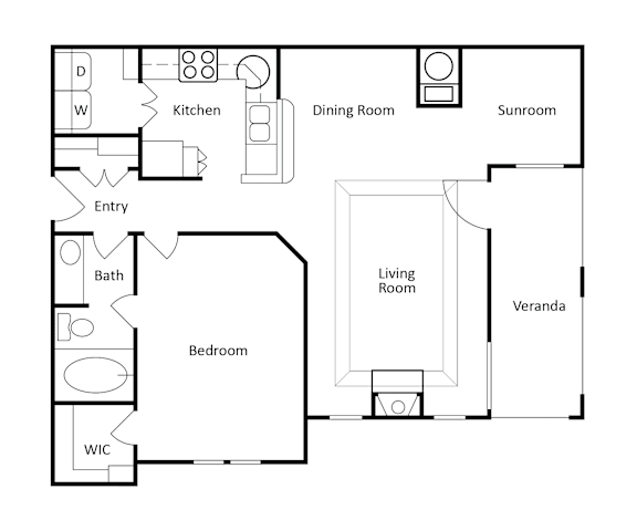A floor plan of a house with a kitchen, dining room, living room, bedroom, bathroom, and veranda.