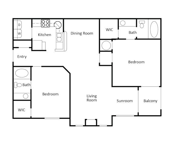 A floor plan of a house with two bedrooms, a living room, a kitchen, a dining room, a bathroom, a balcony, and a WIC room.
