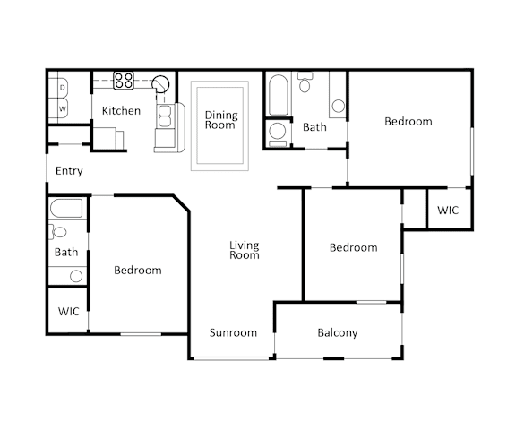 A floor plan of a house with a kitchen, dining room, living room, and multiple bedrooms.