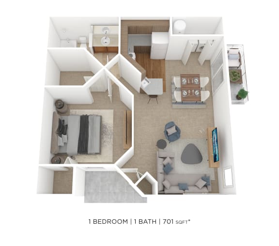 a floor plan of 1 bedroom with 1 bath