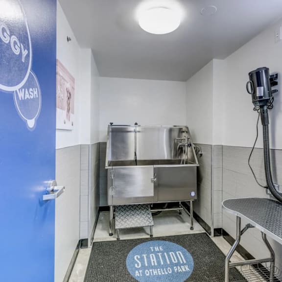 A blue door with the word "WASH" on it is to the left of a stainless steel sink.