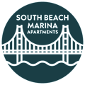 The image is a logo for South Beach Marina Apartments featuring a bridge.