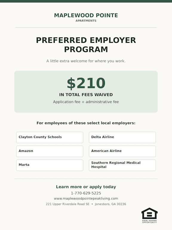 A flyer for the Preferred Employer Program at Maplewood Pointe apartments offering $210 in total fees waived.