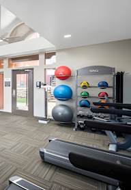A gym with a variety of equipment including treadmills, weights, and a rowing machine.