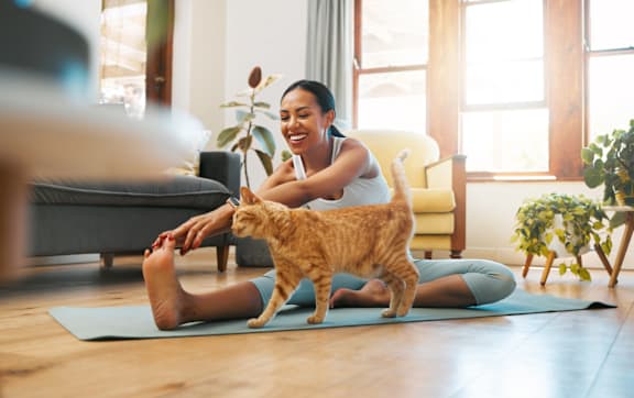 Woman Smiling and Sitting on a Yoga Mat with Her Cat Standing on It