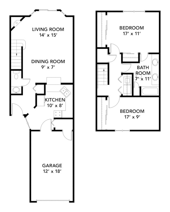 Birch Lake Townhomes - Rivergate Two Bedroom with Fireplace Floor Plan (2D)