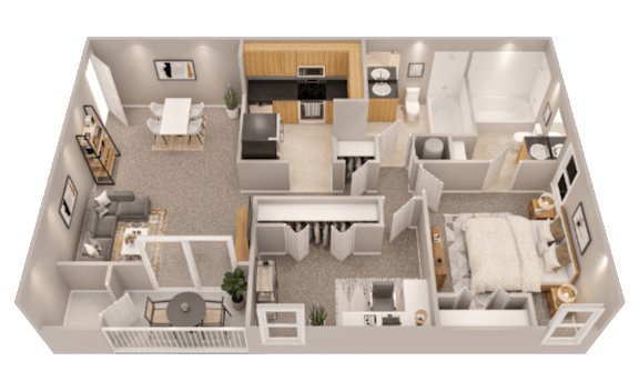 a bedroom floor plan with a bathroom and a living room