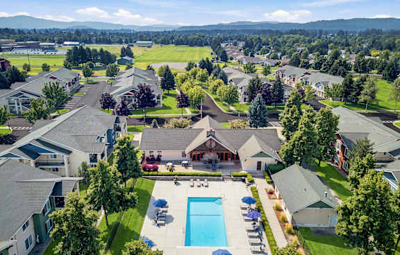A bird's eye view of a residential area with houses, a swimming pool, and a car.