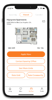 A mobile screen displays an application for Highgrove Apartments with options to apply now, contact the leasing office, see more units, and rate the unit and community.