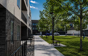 A tree-lined walkway leads to a building entrance.