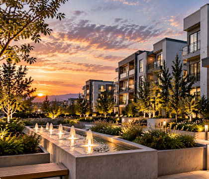 A modern building with a fountain in front of it.