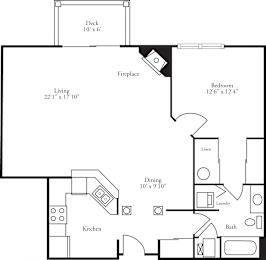 General layout of the 1 bedroom, 1 bathroom Atlantic floor plan, located at the pinnacle at the club at brookfield hills