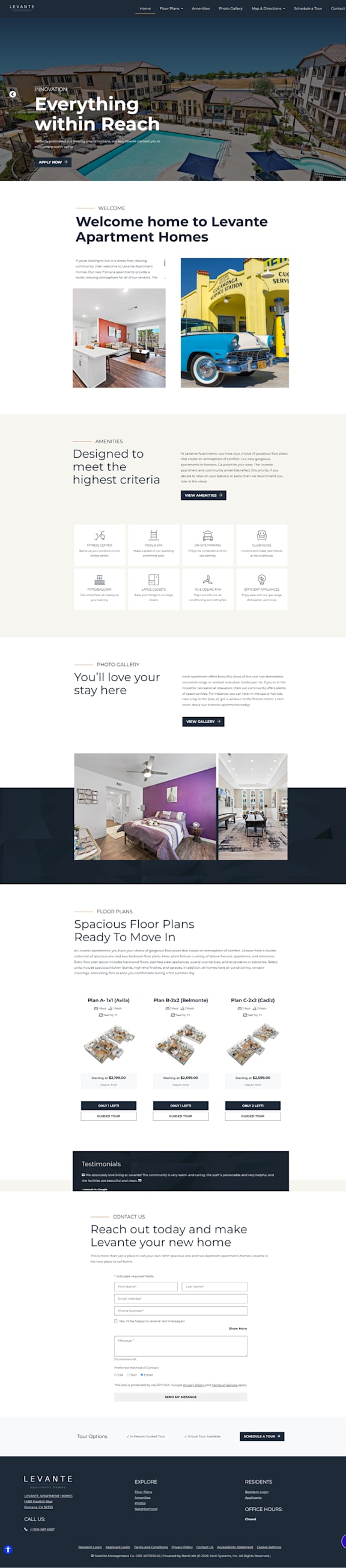 A webpage showcasing various amenities and features of Levante Apartment Homes.