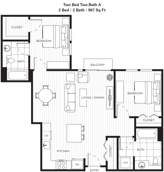 a floor plan of two bed two bath and a closet