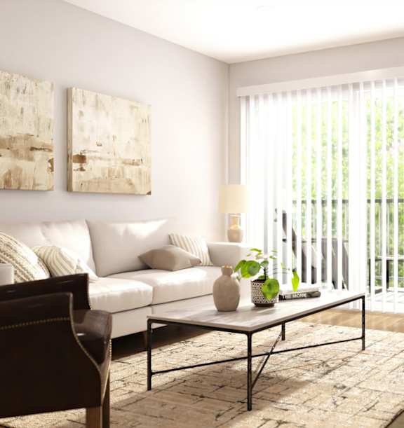 A living room with a white couch, a coffee table, and a painting on the wall.