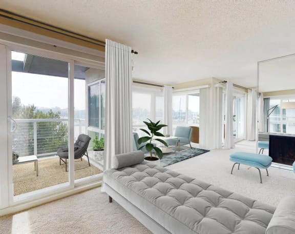 a living room with a white couch and a large window at Marina Harbor, Marina del Rey, California