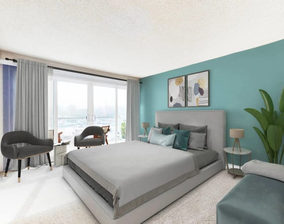 a bedroom with blue walls and a bed and a window at Marina Harbor, Marina del Rey, California