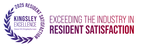 A logo with the text "Kingsley Excellence" and "2025 Resident Satisfaction" surrounded by a laurel wreath.
