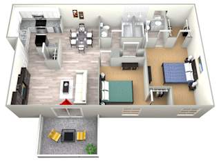3D furnished rendering of the Sunset 975-square-foot two-bedroom, two-bath apartment at Madison at Roosevelt Apartments.