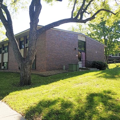 A tree in front of a brick building.