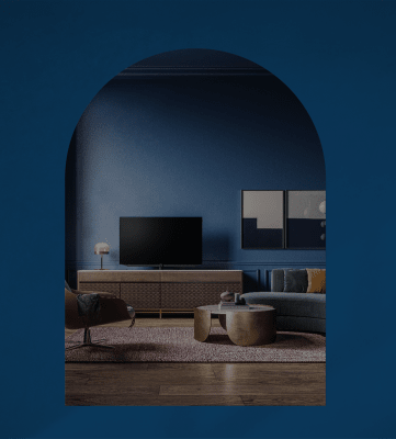 Blue wall with arch way to livingroom