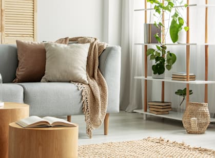 A living room with a grey couch, a wooden table, and a shelf with plants.