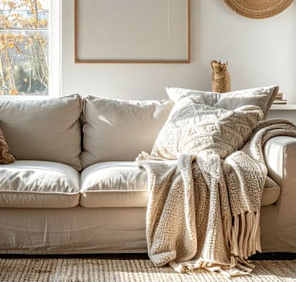 A cozy living room with a white couch, a woven basket, and a small table with a candle.