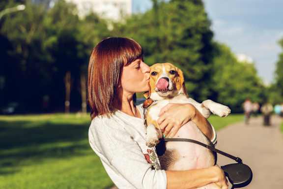 A woman is holding a dog in her arms.