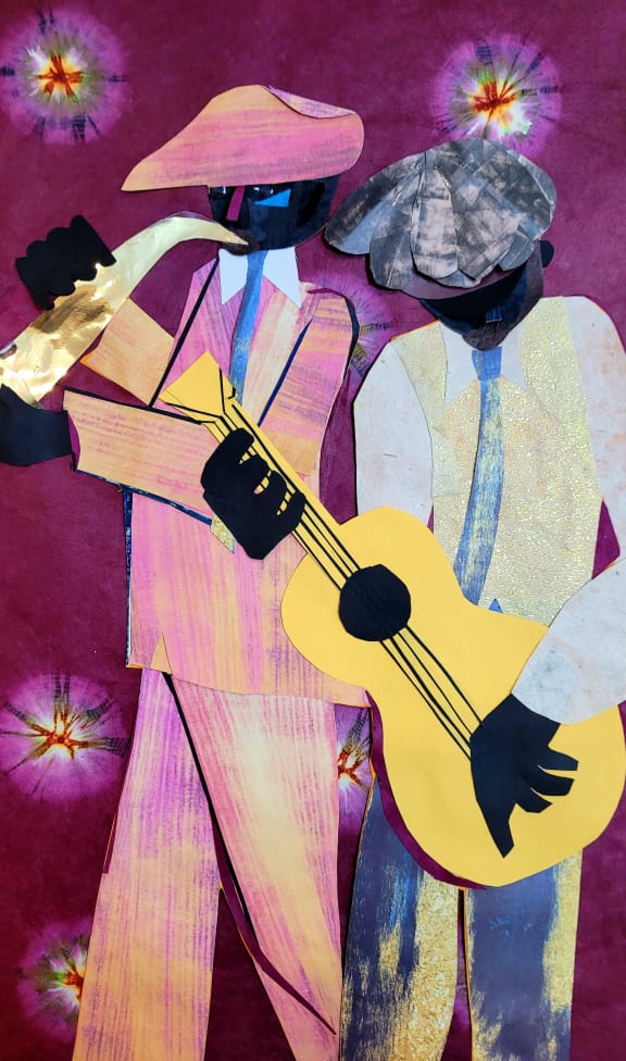 a painting of two people standing in front of a purple background  at The Freelon at Sugar Hill, Detroit, MI 48201