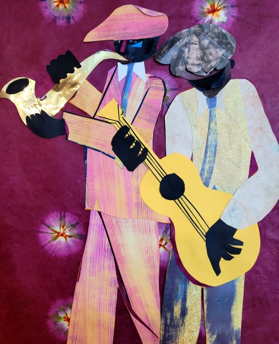 a painting of two people standing in front of a purple background  at The Freelon at Sugar Hill, Detroit, MI 48201