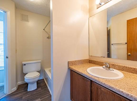 A bathroom with a toilet, sink, and mirror.