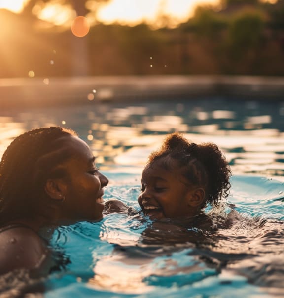 a woman and a child swimming in a pool