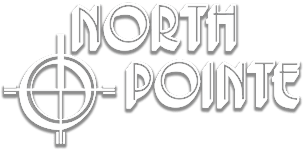 Property entrance sign with crosshair logo design at North Pointe Apartments, Elkhart, 46514