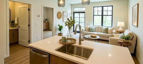 A kitchen with a sink and a counter.