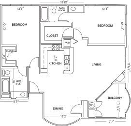 Two Bedroom Two Bath Floor Plan at Toluca Court, Toluca Lake