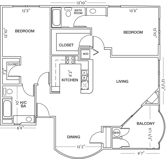 Two Bedroom Two Bath Floor Plan at Toluca Court, Toluca Lake