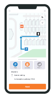 A smartphone screen displays a navigation app with a route highlighted on a map.