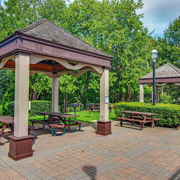 A gazebo with a table and benches is surrounded by greenery.